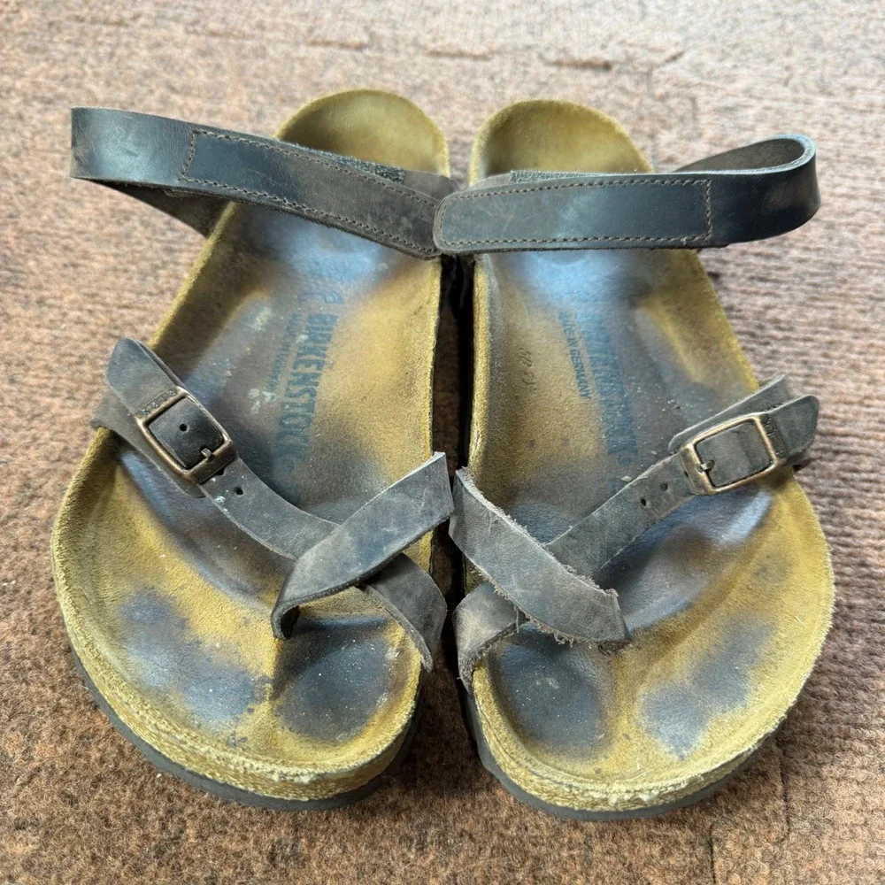 B+ Birkenstock Yara Oiled Leather Sandals Tobacco Brown Ankle Strap Womens 38 L7
